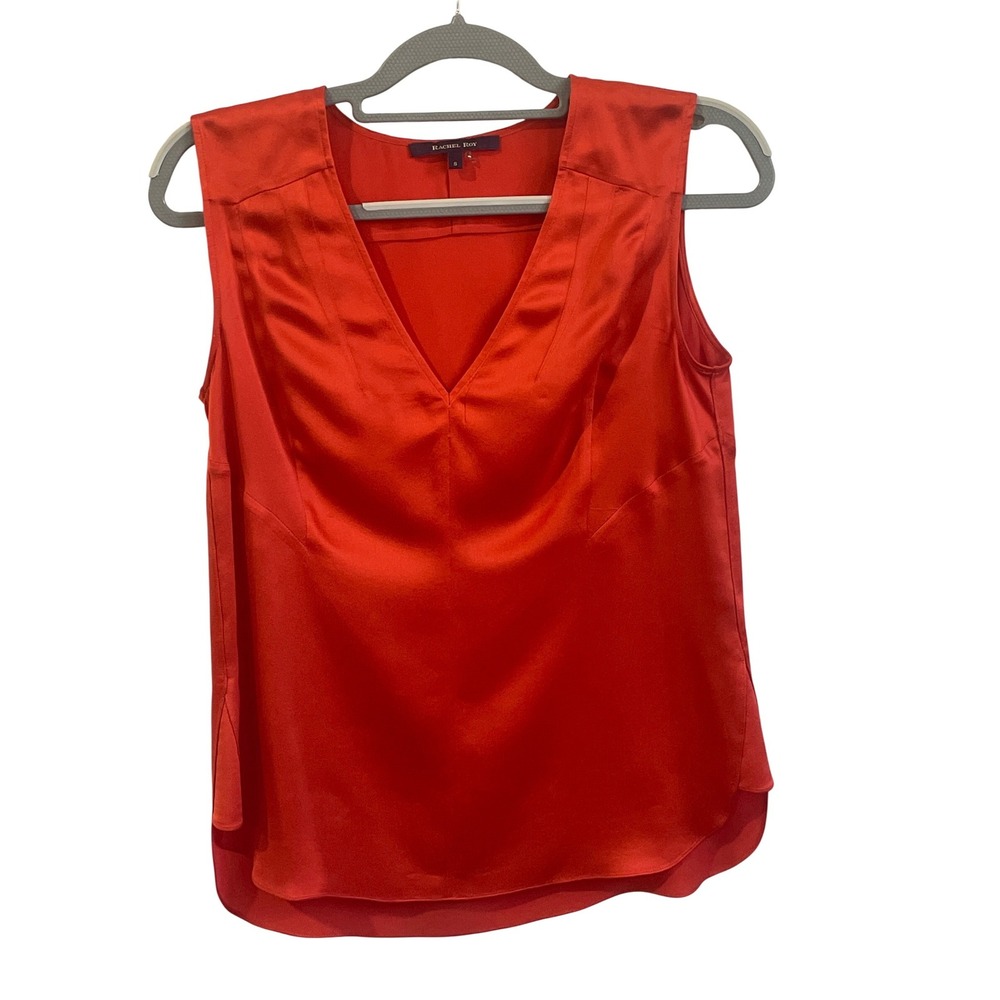 Rachel Roy Womens Small 100% Silk V-Neck Sleeveless‎ Satin Blouse Orange Office